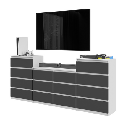 GABRIEL - Komoda s 14 zásuvkami (4+6+4) - Skrinka na oblečenie do spálne - Biela matná / Antracit - V92/70cm Š220cm H33cm