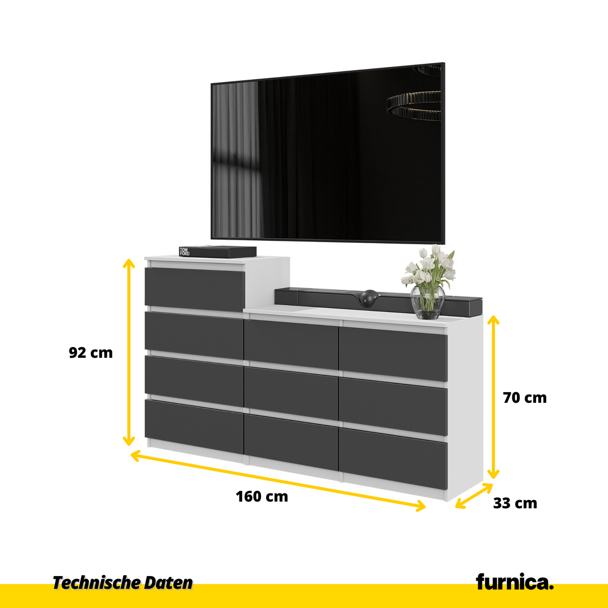 GABRIEL - Komoda s 10 zásuvkami (6+4) - Skrinka na oblečenie do spálne - Biela matná / Antracit - V92/70cm Š160cm H33cm (2)