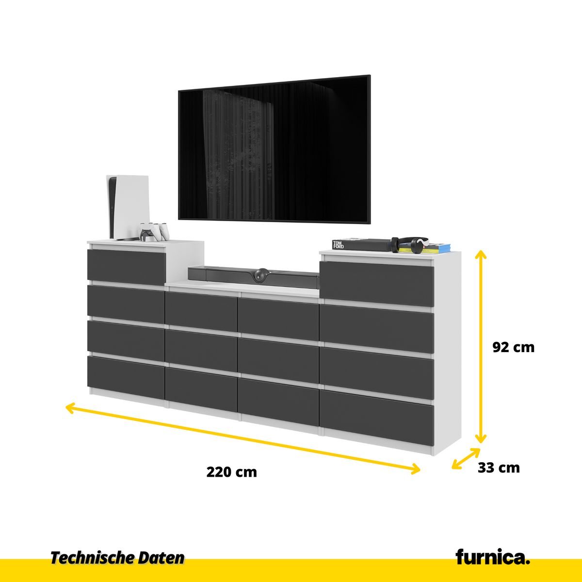 GABRIEL - Komoda s 14 zásuvkami (4+6+4) - Skrinka na oblečenie do spálne - Biela matná / Antracit - V92/70cm Š220cm H33cm (2)