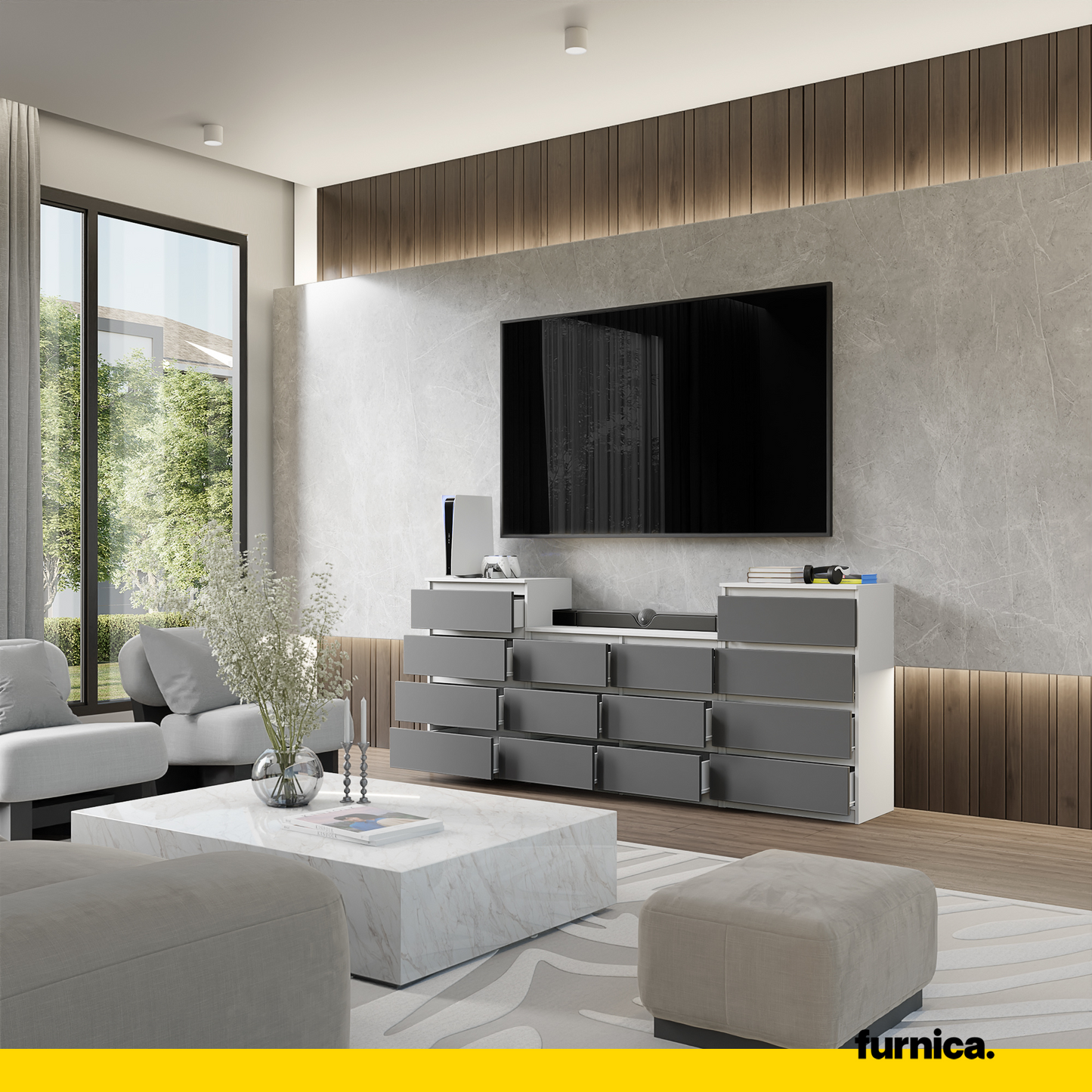 GABRIEL - Komoda s 14 zásuvkami (4+6+4) - Skrinka na oblečenie do spálne - Biela matná / Antracit - V92/70cm Š220cm H33cm (4)
