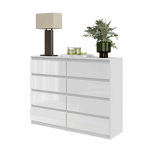 GABRIEL - Komoda s 8 zásuvkami - Skrinka na oblečenie do spálne - Biely lesk H92cm Š120cm Hĺbka 33cm