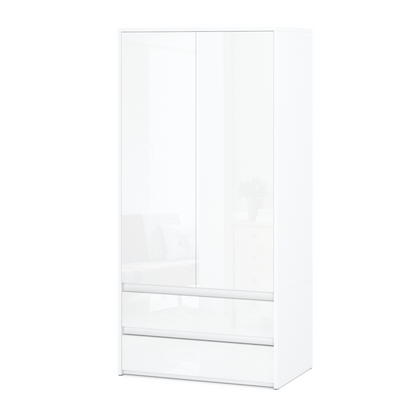 JOELLE - Skriňa s dvomi dverami a dvoma zásuvkami - Biela matná / Biela lesklá H180cm Š90cm H50cm – Furnica