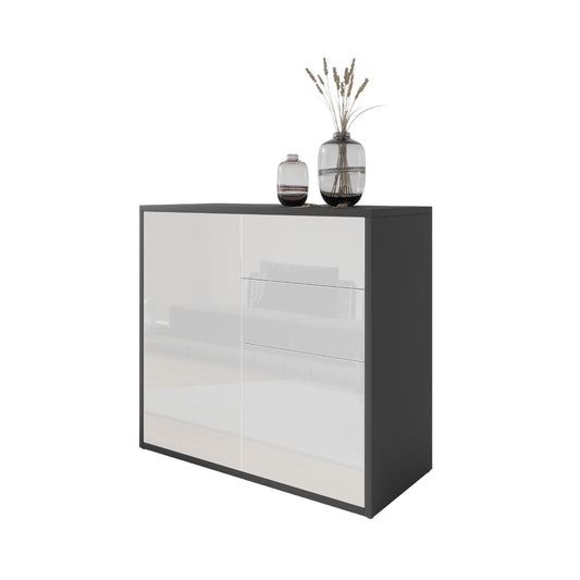 CAMILLE - Vysúvacia komoda s 2 dverami a 2 zásuvkami - antracit / biely lesk H74cm W80cm D36cm