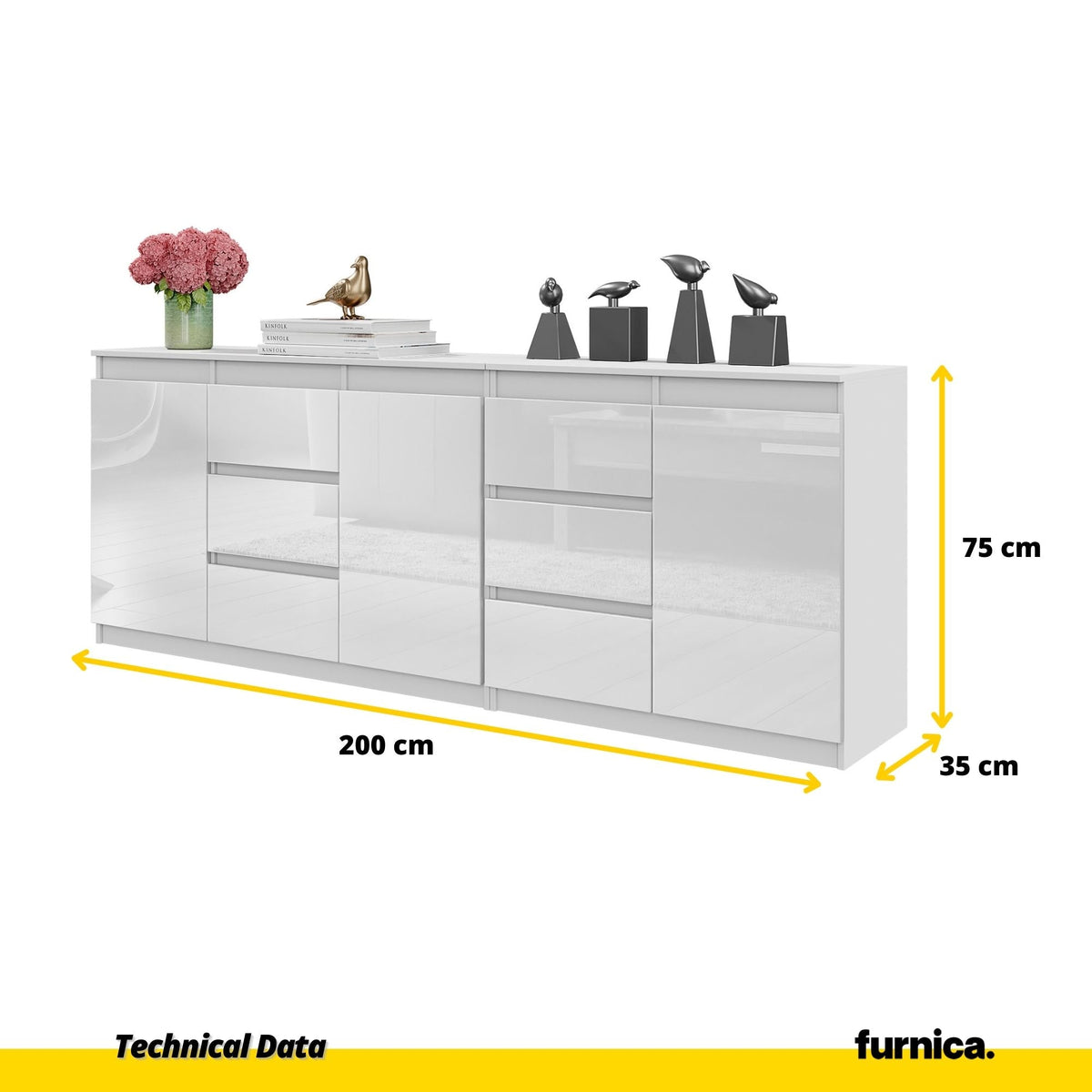 MIKEL - Komoda s 6 zásuvkami a 3 dverami - Skrinka na oblečenie do spálne - Biela matná/biela lesklá - V75cm Š200cm H35cm (2)