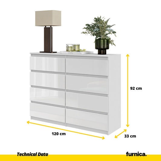 GABRIEL - Komoda s 8 zásuvkami - Skrinka na oblečenie do spálne - Biely lesk H92cm Š120cm Hĺbka 33cm (2) – Furnica