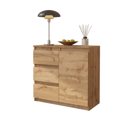 MIKEL - Komoda s 3 zásuvkami a 1 dverami - Skrinka na oblečenie do spálne - Wotan dub H75cm W80cm D35cm – Furnica