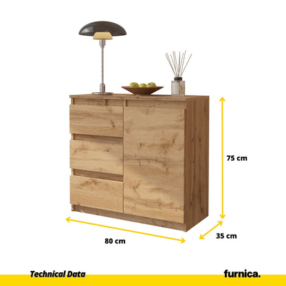 MIKEL - Komoda s 3 zásuvkami a 1 dverami - Skrinka na oblečenie do spálne - Wotan dub H75cm W80cm D35cm (2) – Furnica