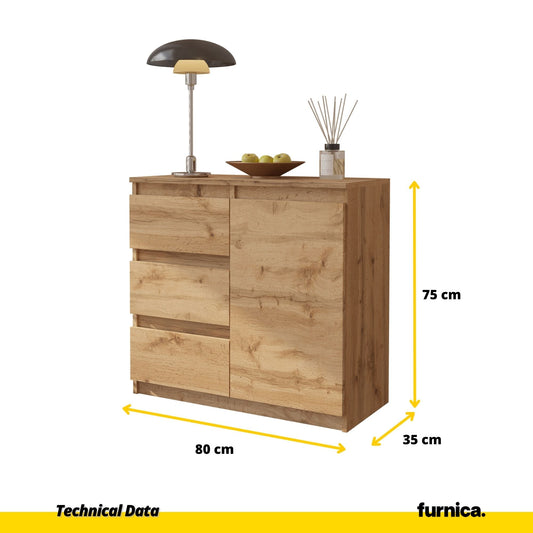 MIKEL - Komoda s 3 zásuvkami a 1 dverami - Skrinka na oblečenie do spálne - Wotan dub H75cm W80cm D35cm (2) – Furnica