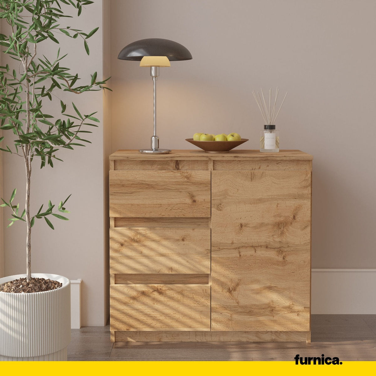 MIKEL - Komoda s 3 zásuvkami a 1 dverami - Skrinka na oblečenie do spálne - Wotan dub H75cm W80cm D35cm (3) – Furnica