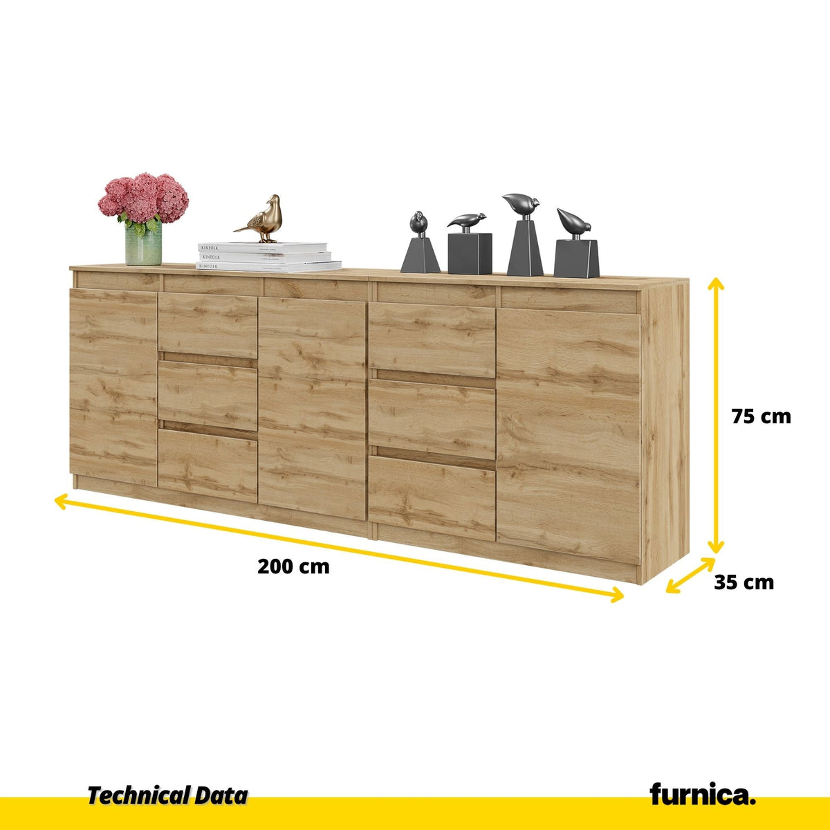 MIKEL - Komoda s 6 zásuvkami a 3 dverami - Skrinka na oblečenie do spálne - Wotan dub - V75cm Š200cm H35cm (2) – Furnica
