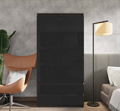 JOELLE - Skriňa s dvomi dverami a dvoma zásuvkami - Antracit / Čierny lesk - V180cm Š90cm H50cm (3) – Furnica