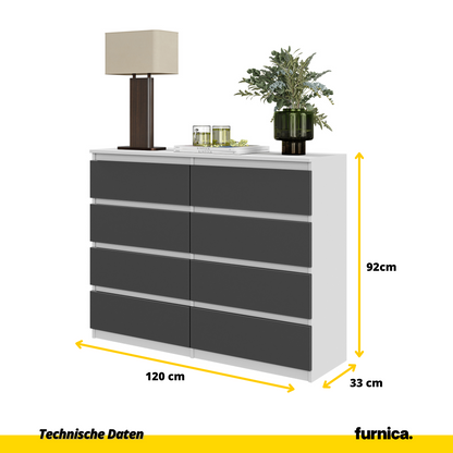 GABRIEL - Komoda s 8 zásuvkami - Skrinka na oblečenie do spálne - Biela matná / Antracit - V92cm Š120cm H33cm (5)
