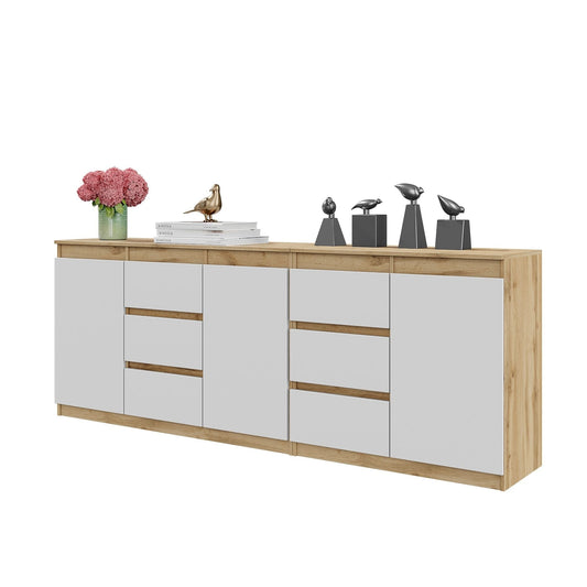 MIKEL - Komoda s 6 zásuvkami a 3 dverami - Skrinka na oblečenie do spálne - Wotan Dub / Biela matná- V75cm Š200cm H35cm