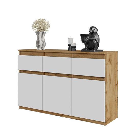 NOAH - Komoda s 3 zásuvkami a 3 dverami - Skrinka na oblečenie do spálne - Wotan Dub / Biele matné H75cm W120cm D35cm