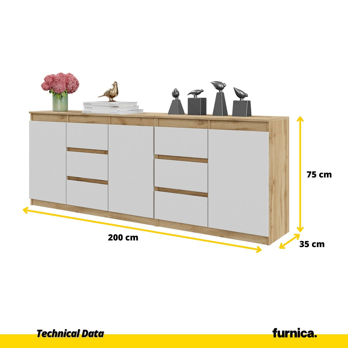MIKEL - Komoda s 6 zásuvkami a 3 dverami - Skrinka na oblečenie do spálne - Wotan Dub / Biela matná- V75cm Š200cm H35cm (2)