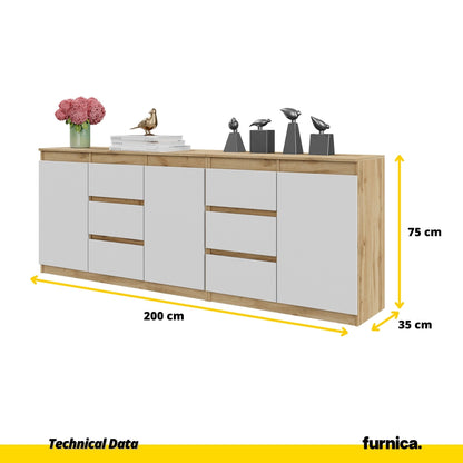 MIKEL - Komoda s 6 zásuvkami a 3 dverami - Skrinka na oblečenie do spálne - Wotan Dub / Biela matná- V75cm Š200cm H35cm (2)