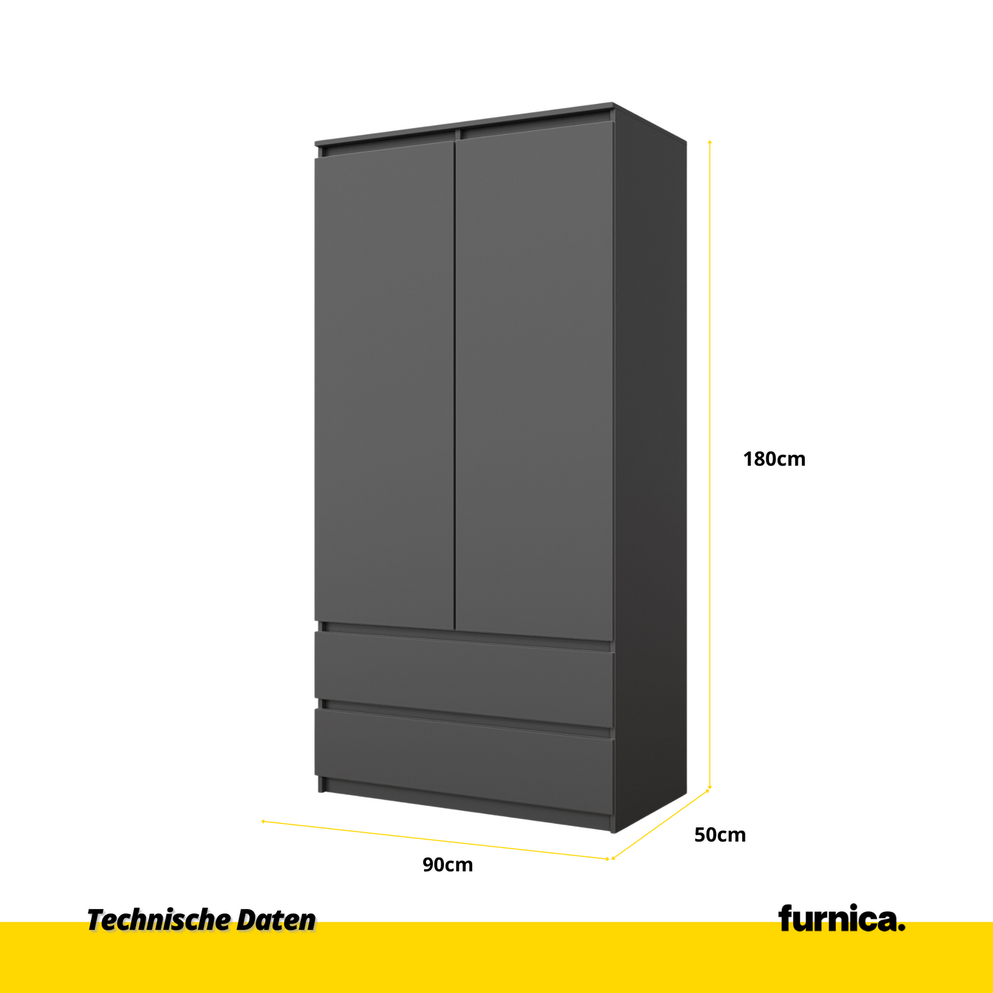 JOELLE - Skriňa s dvomi dverami a dvoma zásuvkami - Antracit - V180cm Š90cm H50cm (2)