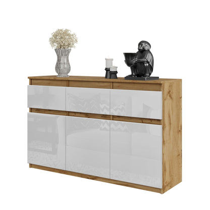 NOAH - Komoda s 3 zásuvkami a 3 dverami - Skrinka na oblečenie do spálne - Wotan Dub / Biele lesk H75cm W120cm D35cm