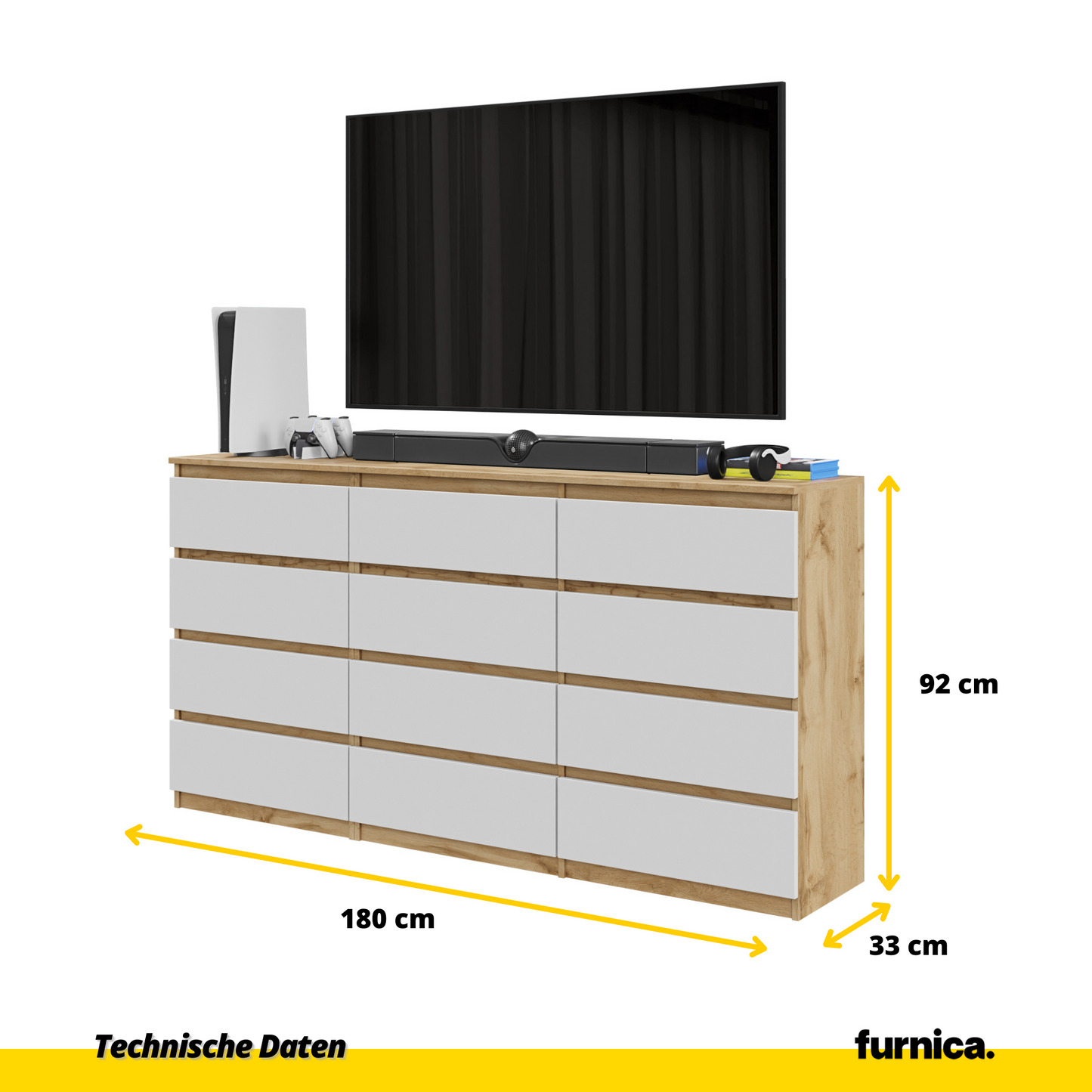 GABRIEL - Komoda s 12 zásuvkami (8+4) - Skrinka na oblečenie do spálne - Dub Wotan / Biela matná - V92cm Š180cm H33cm (2)