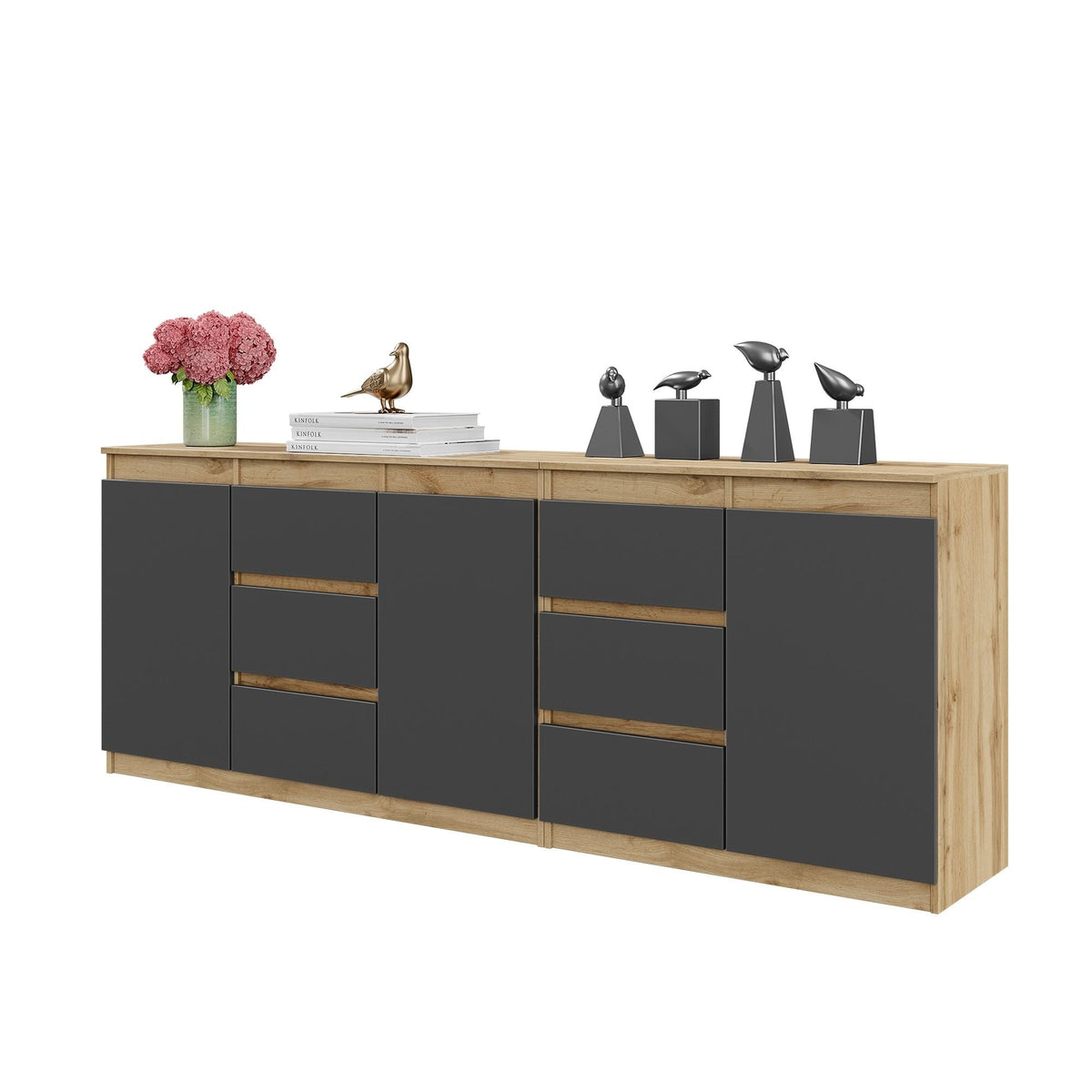 MIKEL - Komoda s 6 zásuvkami a 3 dverami - Skrinka na oblečenie do spálne - Wotan dub / antracitová - V75cm Š200cm H35cm