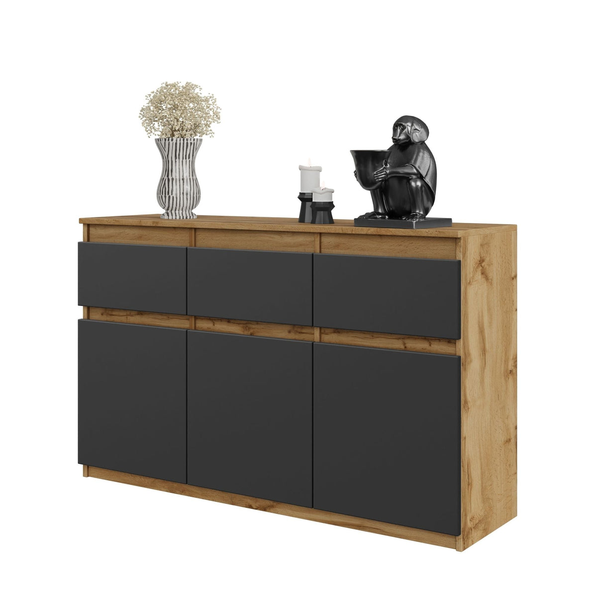 NOAH - Komoda s 3 zásuvkami a 3 dverami - Skrinka na oblečenie do spálne - Wotan dub / antracit H75cm W120cm D35cm – Furnica