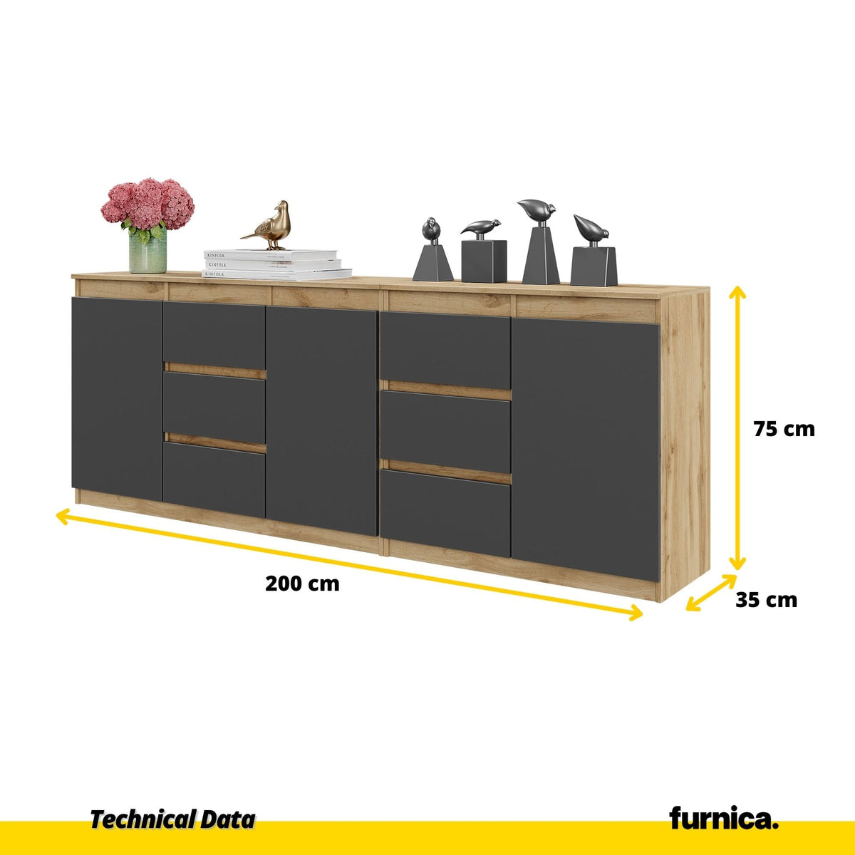 MIKEL - Komoda s 6 zásuvkami a 3 dverami - Skrinka na oblečenie do spálne - Wotan dub / antracitová - V75cm Š200cm H35cm (2)