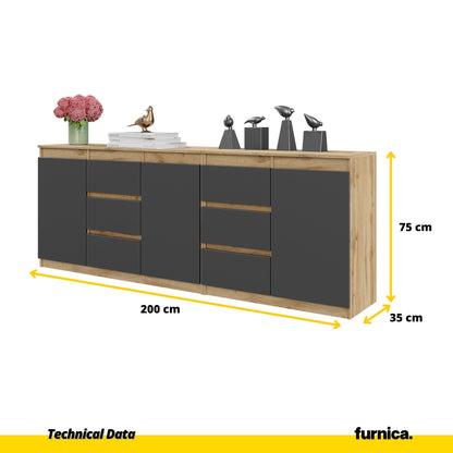 MIKEL - Komoda s 6 zásuvkami a 3 dverami - Skrinka na oblečenie do spálne - Wotan dub / antracitová - V75cm Š200cm H35cm (2)