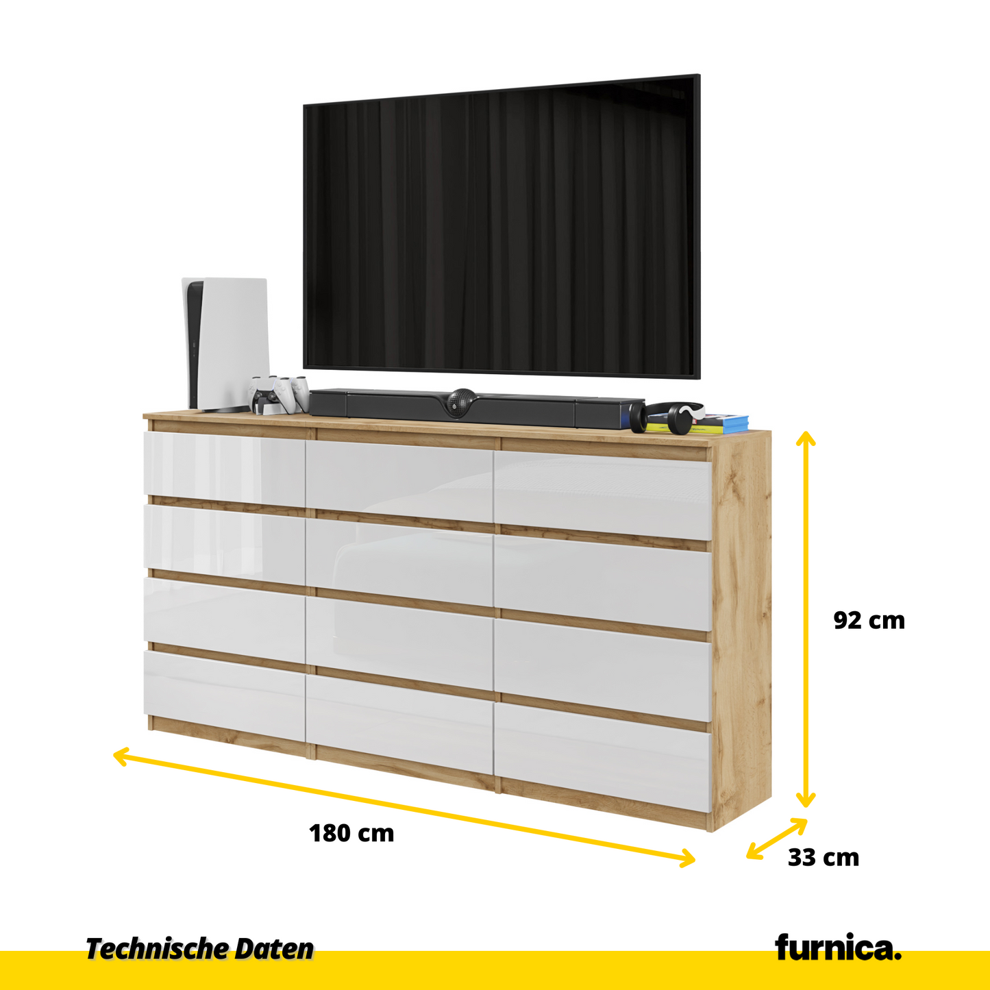 GABRIEL - Komoda s 12 zásuvkami (8+4) - Skrinka na oblečenie do spálne - Dub Wotan / Biely lesk - V92cm Š180cm H33cm (2)