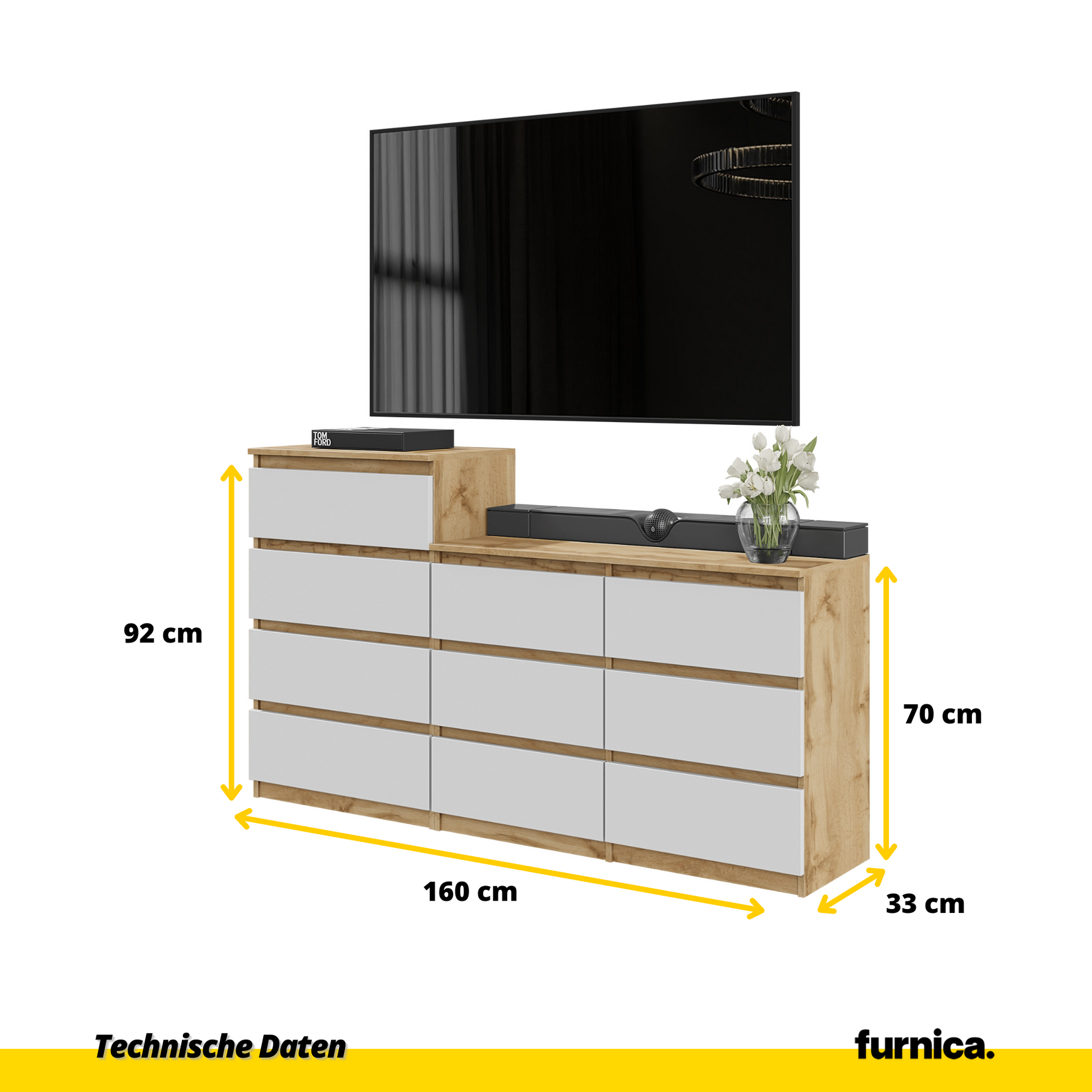 GABRIEL - Komoda s 10 zásuvkami (6+4) - Skrinka na oblečenie do spálne - Dub Wotan / Biela matná - V92/70cm Š160cm H33cm (2)