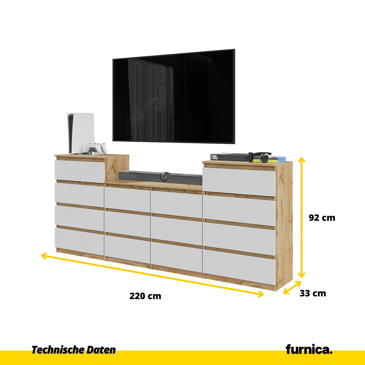 GABRIEL - Komoda s 14 zásuvkami (4+6+4) - Skrinka na oblečenie do spálne - Dub Wotan / Biela matná - V92/70cm Š220cm H33cm (2)