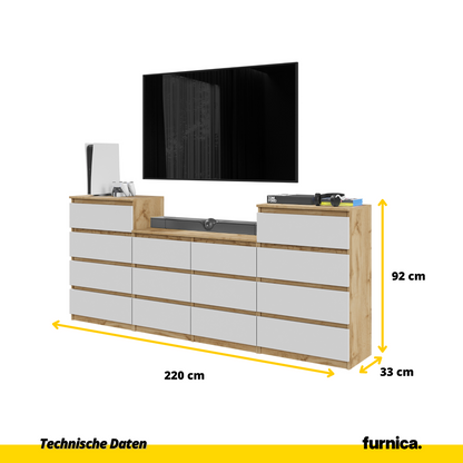 GABRIEL - Komoda s 14 zásuvkami (4+6+4) - Skrinka na oblečenie do spálne - Dub Wotan / Biela matná - V92/70cm Š220cm H33cm (2)