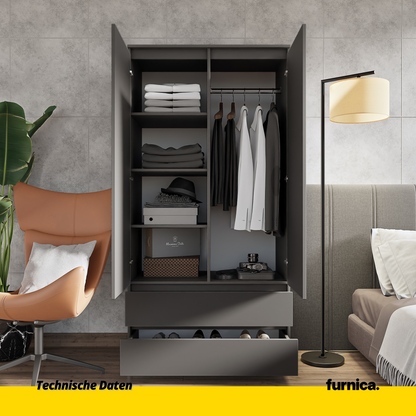 JOELLE - Skriňa s dvomi dverami a dvoma zásuvkami - Antracit - V180cm Š90cm H50cm (4)
