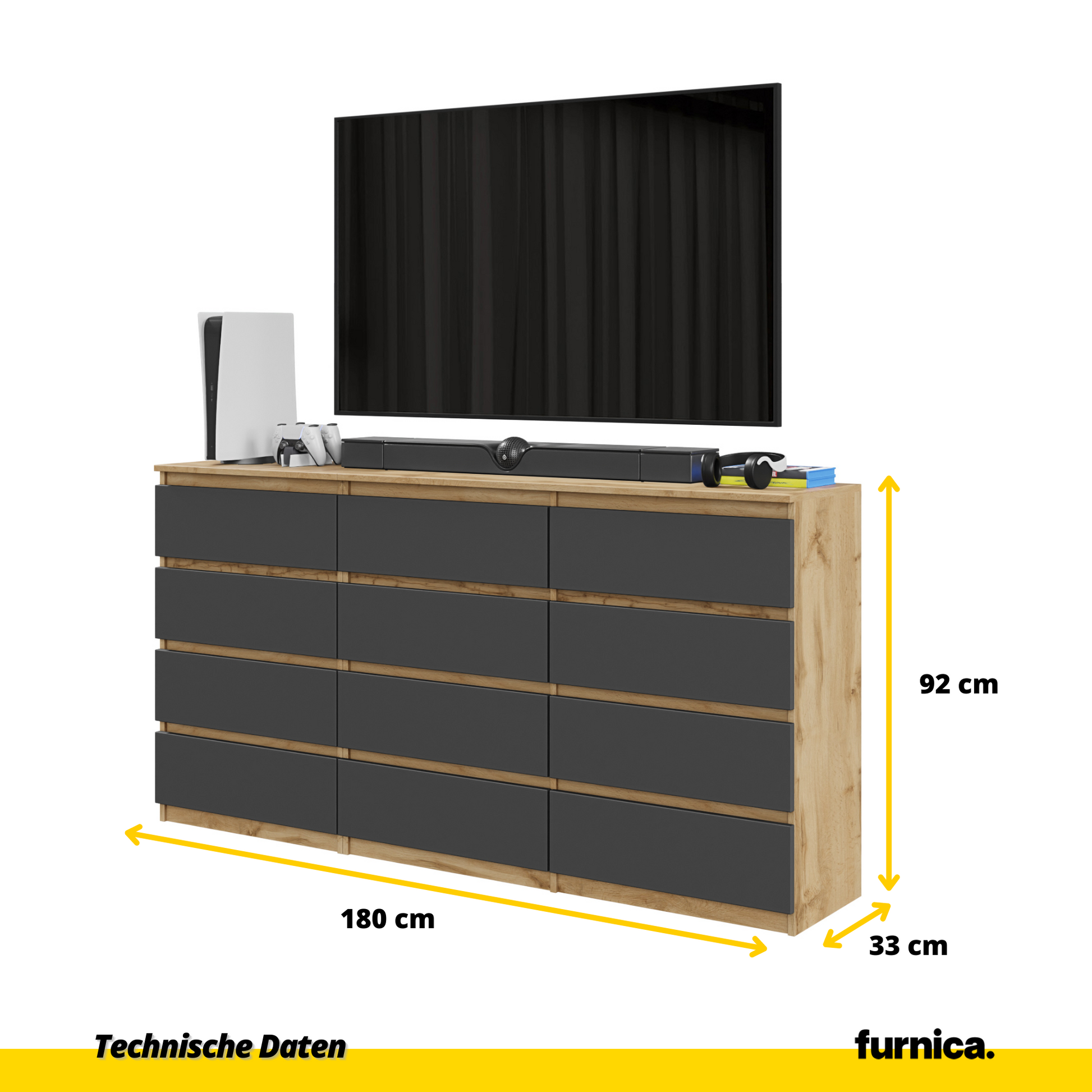 GABRIEL - Komoda s 12 zásuvkami (8+4) - Skrinka na oblečenie do spálne - Dub Wotan / Antracit - V92cm Š180cm H33cm (2)