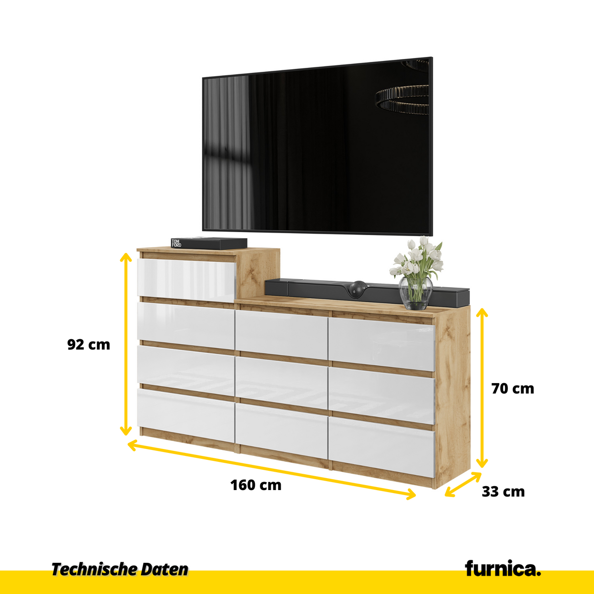 GABRIEL - Komoda s 10 zásuvkami (6+4) - Skrinka na oblečenie do spálne - Dub Wotan / Biely lesk - V92/70cm Š160cm H33cm (2)