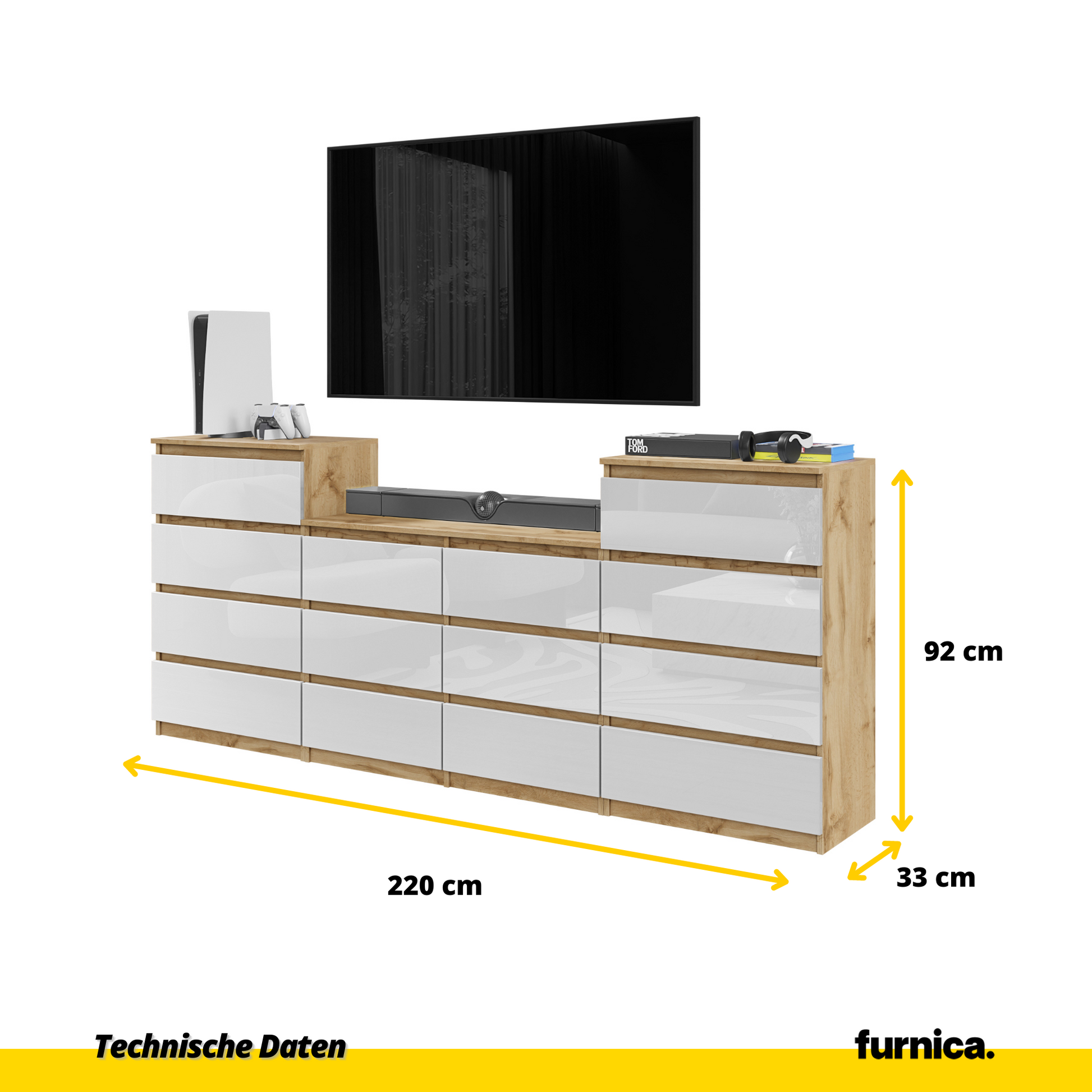 GABRIEL - Komoda s 14 zásuvkami (4+6+4) - Skrinka na oblečenie do spálne - Dub Wotan / Biely lesk - V92/70cm Š220cm H33cm (2)
