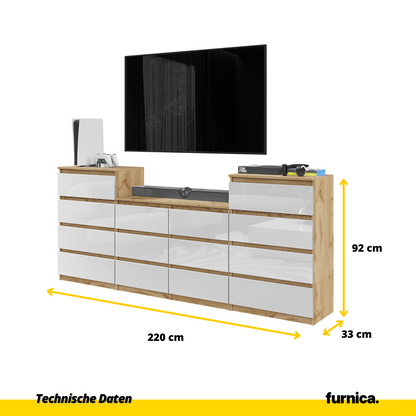 GABRIEL - Komoda s 14 zásuvkami (4+6+4) - Skrinka na oblečenie do spálne - Dub Wotan / Biely lesk - V92/70cm Š220cm H33cm (2)