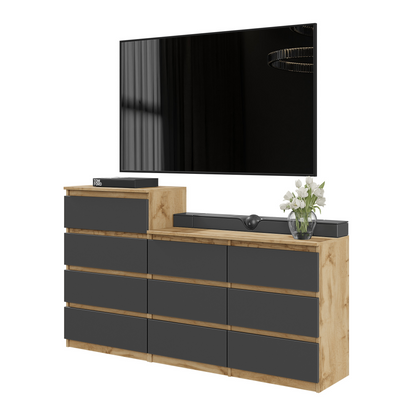 GABRIEL - Komoda s 10 zásuvkami (6+4) - Skrinka na oblečenie do spálne - Dub Wotan / Antracit - V92/70cm Š160cm H33cm