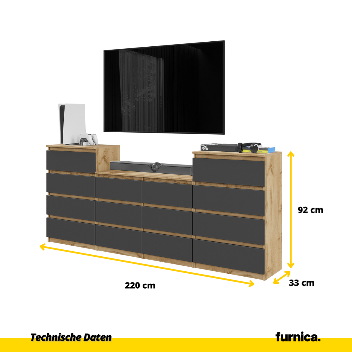 GABRIEL - Komoda s 14 zásuvkami (4+6+4) - Skrinka na oblečenie do spálne - Dub Wotan / Antracit - V92/70cm Š220cm H33cm (2)