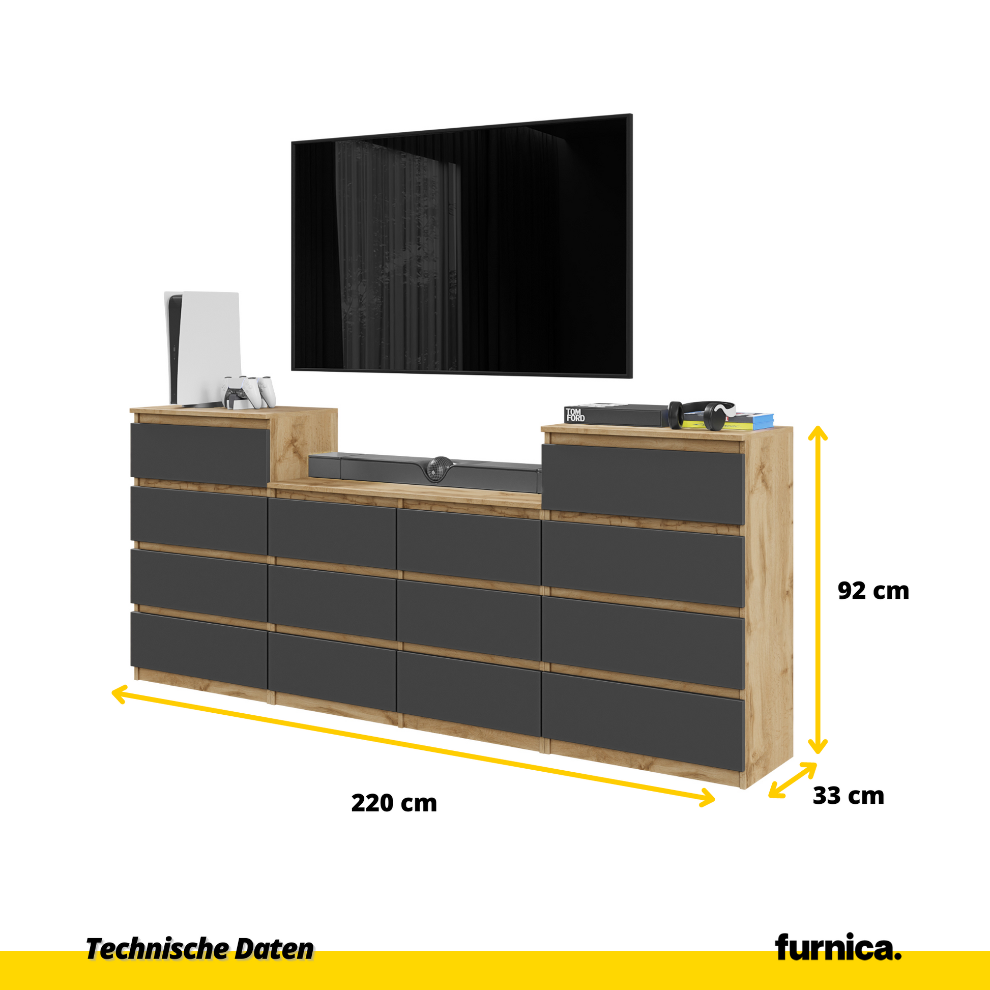 GABRIEL - Komoda s 14 zásuvkami (4+6+4) - Skrinka na oblečenie do spálne - Dub Wotan / Antracit - V92/70cm Š220cm H33cm (2)