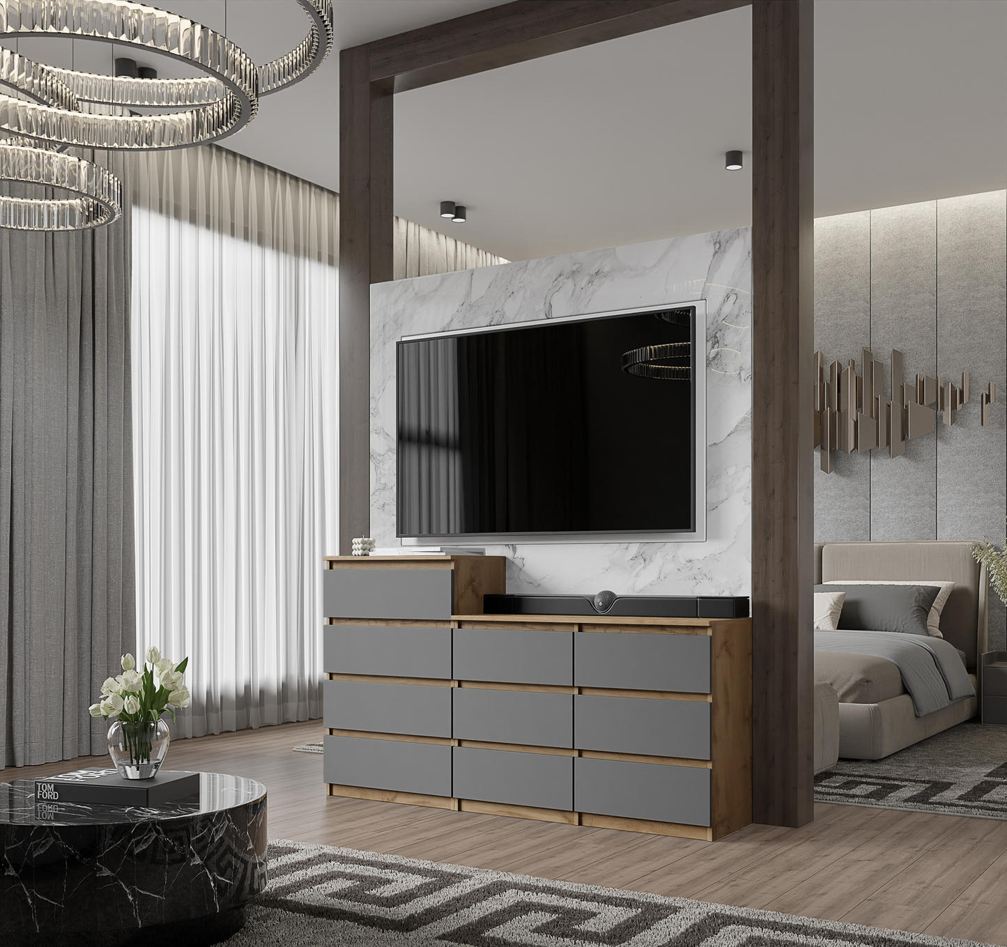 GABRIEL - Komoda s 10 zásuvkami (6+4) - Skrinka na oblečenie do spálne - Dub Wotan / Antracit - V92/70cm Š160cm H33cm (3)