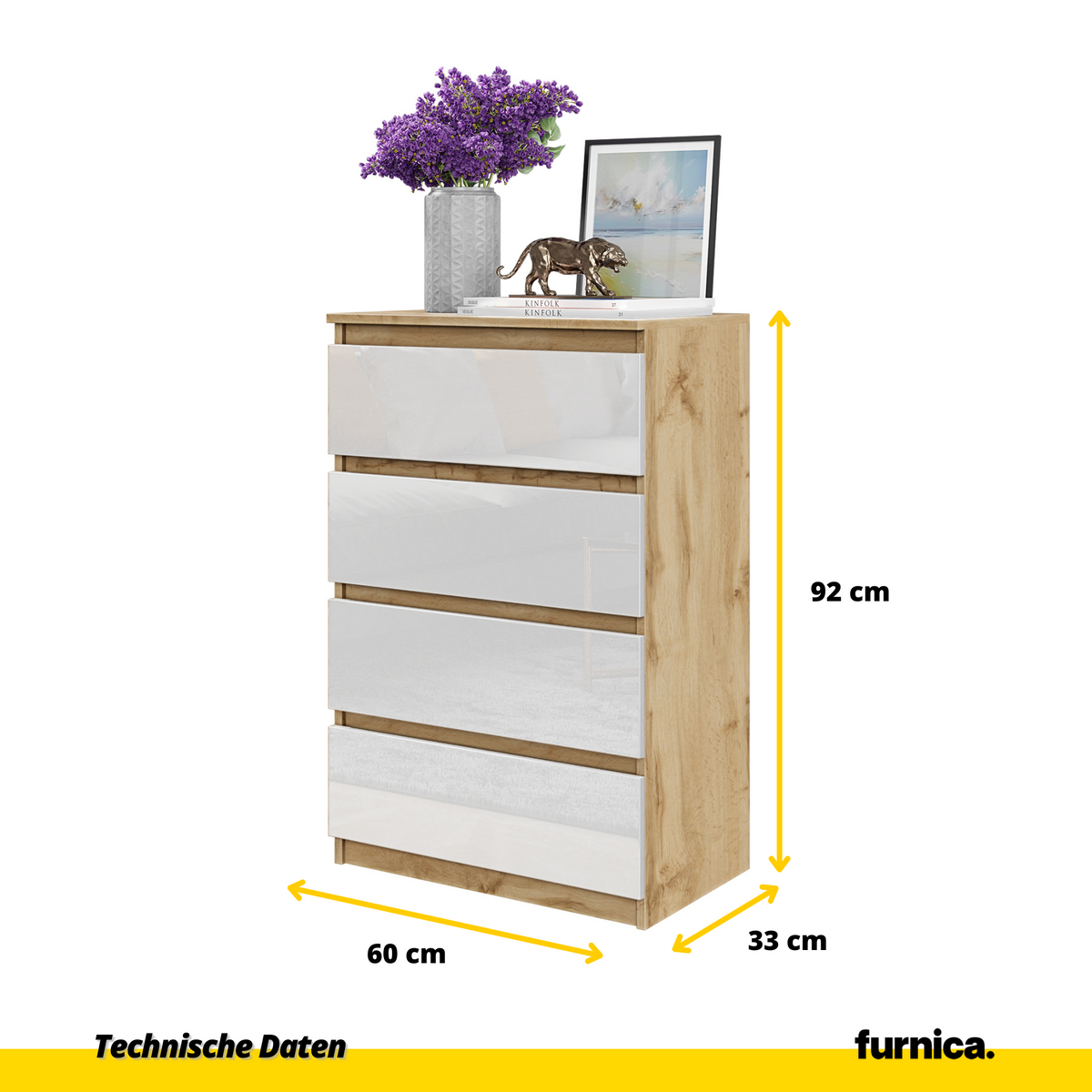 GABRIEL - Komoda s 4 zásuvkami - Skrinka na oblečenie do spálne - Dub Wotan / Biely lesk - V92cm Š60cm H33cm (2)