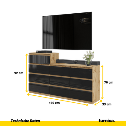 GABRIEL - Komoda s 10 zásuvkami (6+4) - Skrinka na oblečenie do spálne - Dub Wotan / Čierny lesk - V92/70cm Š160cm H33cm (2)