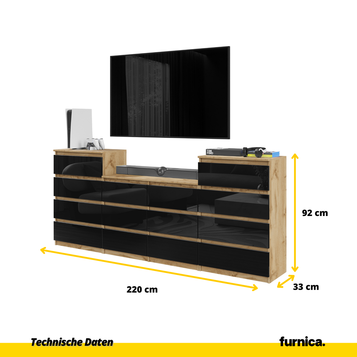 GABRIEL - Komoda s 14 zásuvkami (4+6+4) - Skrinka na oblečenie do spálne - Dub Wotan / Čierny lesk - V92/70cm Š220cm H33cm (2)