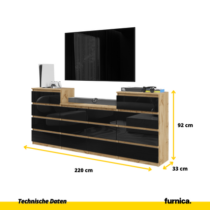 GABRIEL - Komoda s 14 zásuvkami (4+6+4) - Skrinka na oblečenie do spálne - Dub Wotan / Čierny lesk - V92/70cm Š220cm H33cm (2)
