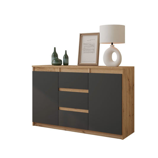 MIKEL - Komoda s 3 zásuvkami a 2 dverami - Skrinka na oblečenie do spálne - Wotan dub / antracit H75cm W120cm D35cm – Furnica