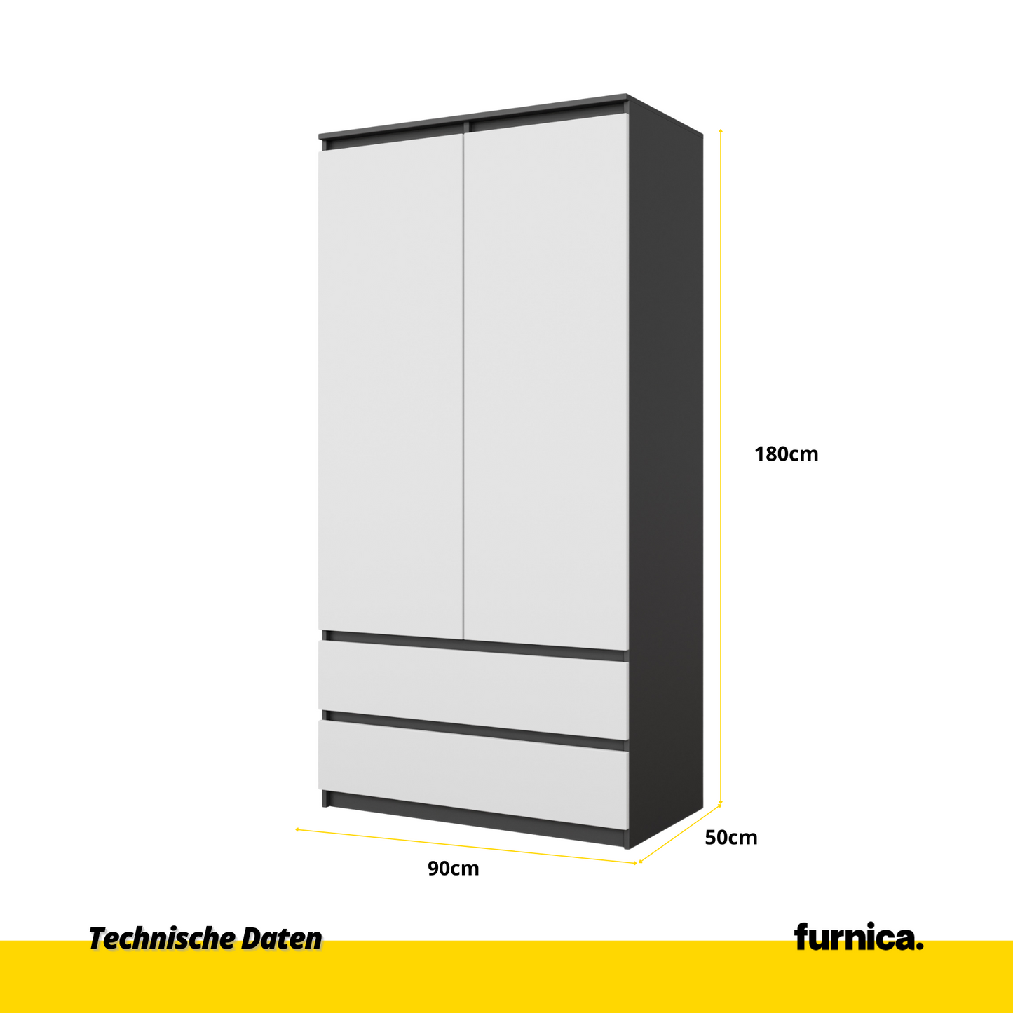 JOELLE - Skriňa s dvomi dverami a dvoma zásuvkami - Antracit / Biela matná - V180cm Š90cm H50cm (2)