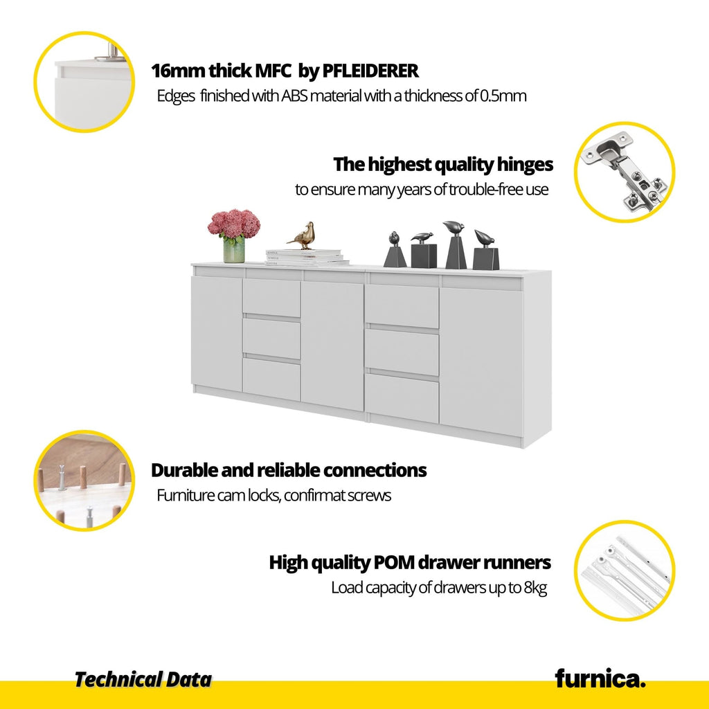MIKEL - Komoda s 6 zásuvkami a 3 dverami - Skrinka na oblečenie do spálne - Sonoma dub - Výška 75 cm, šírka 200 cm, hĺbka 35 cm.