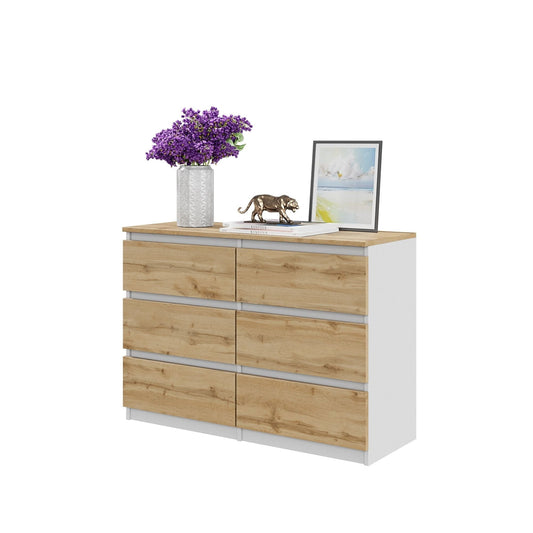 GABRIEL - Komoda s 6 zásuvkami - Skrinka na oblečenie do spálne - Biela / Wotan dub H71cm Š100cm H33cm – Furnica