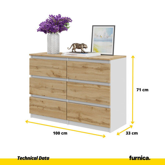 GABRIEL - Komoda s 6 zásuvkami - Skrinka na oblečenie do spálne - Biela / Wotan dub H71cm Š100cm H33cm (2) – Furnica