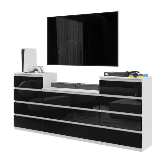 GABRIEL - Komoda s 14 zásuvkami (4+6+4) - Skrinka na oblečenie do spálne - Biela matná / Čierna lesklá - Výška 92 cm, Šírka 220 cm, Hĺbka 33 cm.